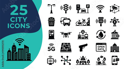 Collection of 25 smart city icons representing technology and urban services.
