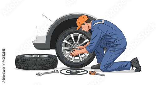 A male mechanic in blue overalls and an orange cap kneels beside a white car, attaching a wheel with various tools on the ground.