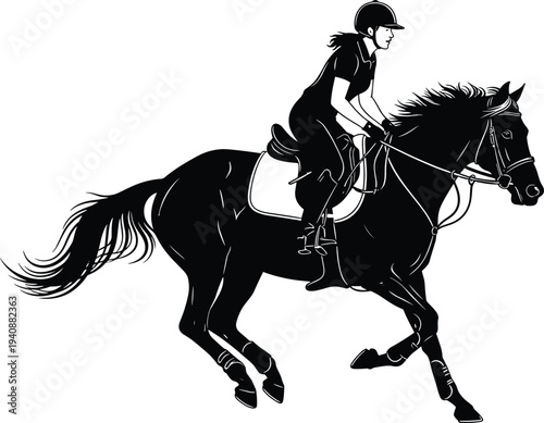 Equestrian rider silhouette on jumping horse, black white show jumping sport illustration for equine competition, training, outdoor lifestyle design