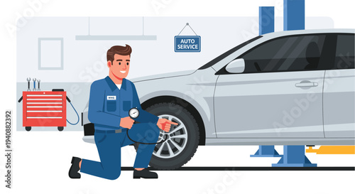 A smiling male mechanic kneels in a garage, checking the tire pressure of a silver car elevated on a hydraulic lift.