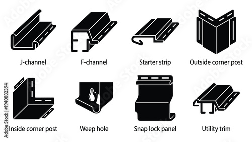 Vinyl Siding Lock Hem Icons Set: J-channel, F-channel, Starter strip, Outside corner post and more detailed icons.