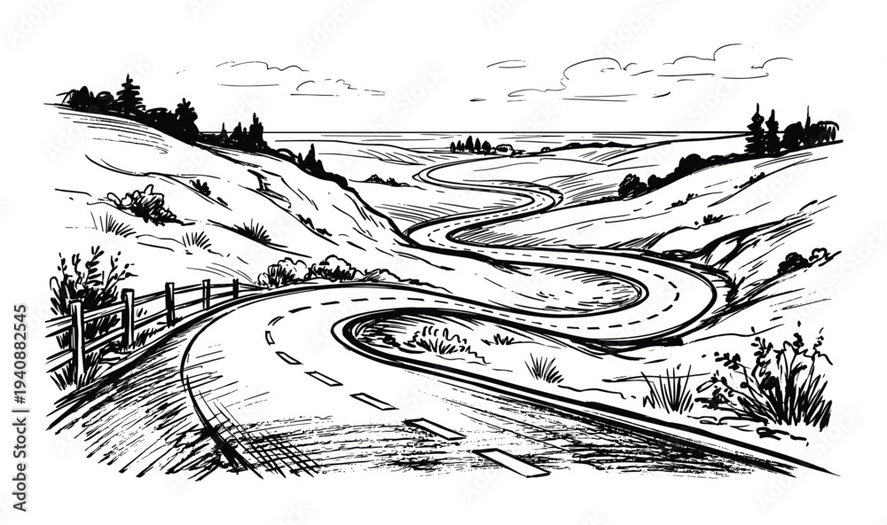 Obraz premium Winding road illustration through landscape, scenic route with trees and hills, nature travel adventure artwork