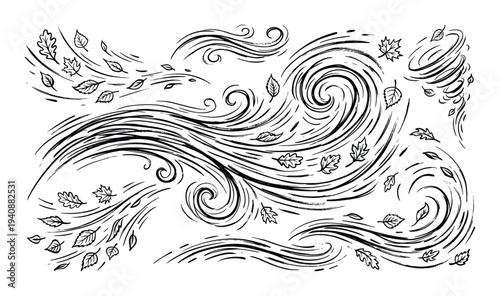 Wind gust swirl line art illustration with flying leaves and tornado, black and white ink drawing style for autumn designs
