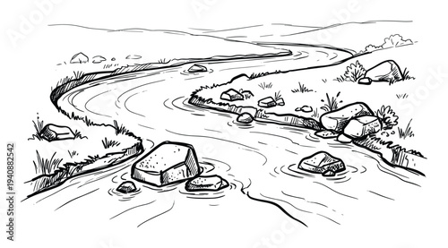 Winding river stream flowing through landscape with rocks and vegetation vector illustration sketch drawing