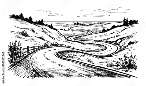 Winding road illustration through landscape, scenic route with trees and hills, nature travel adventure artwork