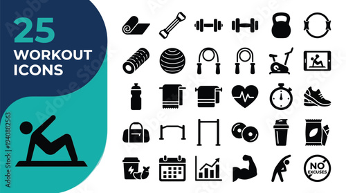 A collection of 25 workout and fitness icons.
