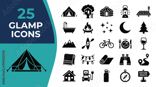 A collection of 25 glamping icons represents outdoor living.