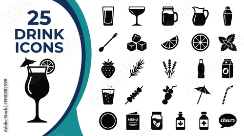 A collection of 25 drink icons for graphic design.