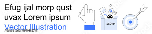 Elearning, digital tools, online courses, training resources, educational technology, goal achievement. Hand pointing, SCORM files and target. Elearning and educational technology concept