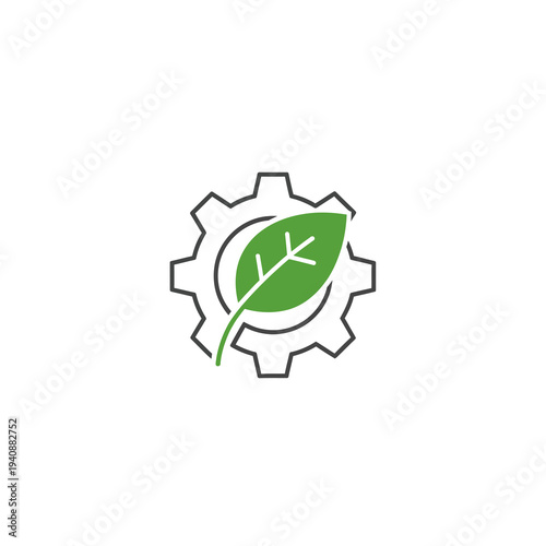 Clean vector icon for green technology, featuring a gear and green leaf, symbolizing sustainable industry, ecological efficiency, and environmental innovation