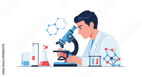 A male scientist in a white lab coat intently observes through a blue microscope on a white table surrounded by laboratory glassware and molecular diagrams.