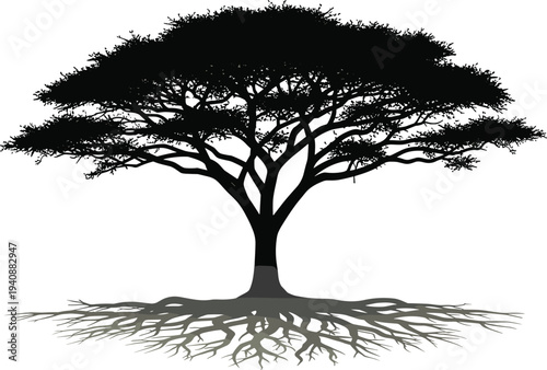 Large black tree silhouette with wide canopy and visible roots symbolizing strength growth nature balance isolated on white background