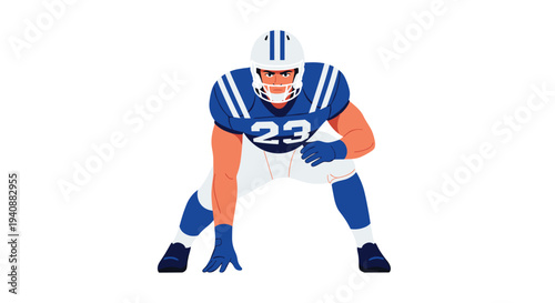 A strong American football player in a blue and white uniform with number 23 is positioned in a low, ready crouch on a white background.