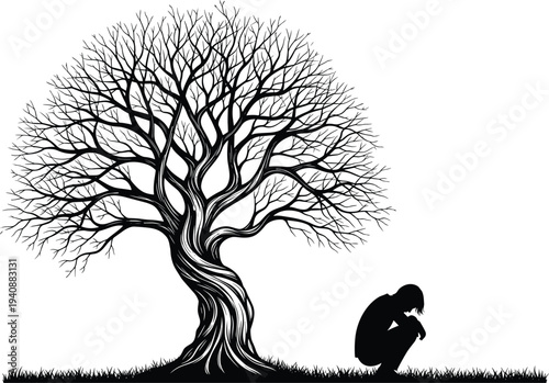 Lonely human silhouette sitting under bare tree expressing sadness depression solitude emotional struggle concept isolated on white background illustration