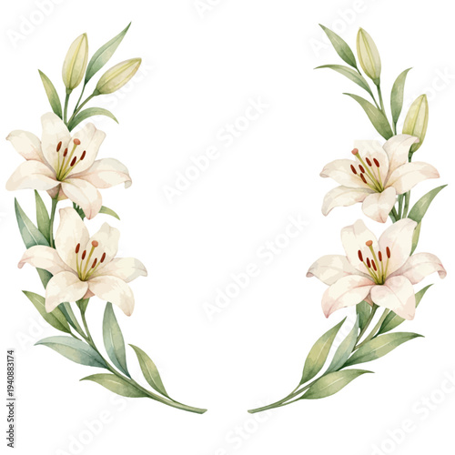 A delicate watercolor illustration of elegant white lily flowers with soft green leaves arranged symmetrically, creating a graceful botanical frame with a light vintage aesthetic.