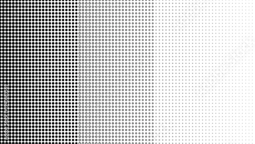 Halftone gradient pattern with black dots in grid arrangement, varying size and density from dark to light, abstract decorative design for printing, wallpapers, textiles, and digital art