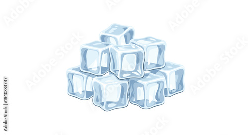 A small pyramid of nine irregularly stacked translucent blue ice cubes with glossy surfaces is depicted against a clean white background.