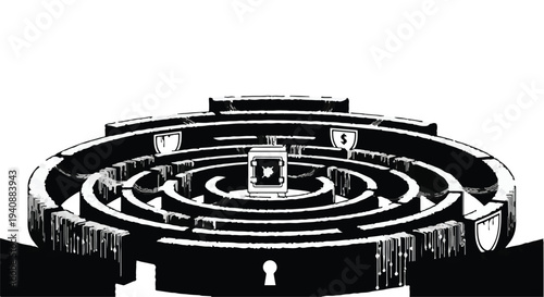 black and white maze with a lock in the center