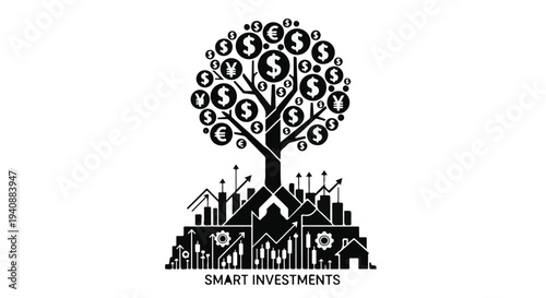 Smart investment and finance concept with money tree growing over cityscape
