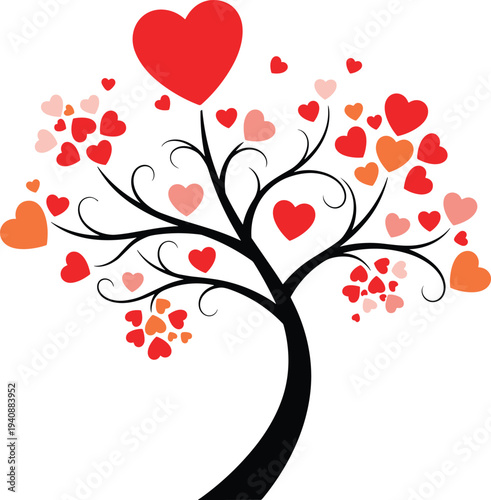 Romantic heart blossom tree illustration with red and pink love hearts on elegant black branches creating valentine themed artwork