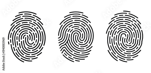 Fingerprint vector icon set, minimalist collection of fingerprint types including loop, whorl, and arch patterns for biometric identification, forensic science, security systems, and identity verifica