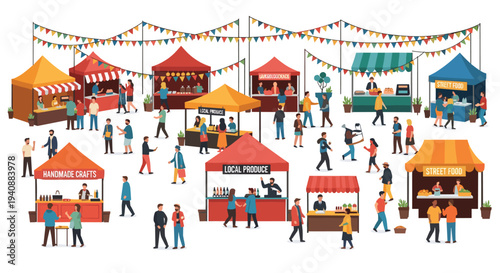 An illustrated vibrant and crowded street market features numerous brightly colored canopy stalls with diverse people browsing and interacting under decorative bunting against a white background.