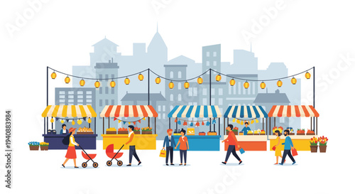 An illustrated bustling outdoor market features colorful striped stalls, diverse people interacting, and a muted grey city skyline with string lights in the background.