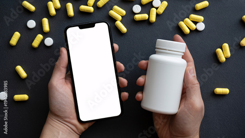 Hands holding a smartphone with a blank screen and a white pill bottle, surrounded by scattered yellow capsules and white pills on a dark surface.