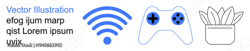 Digital connectivity, gaming, home decor, wireless devices, communication, minimalism. wireless symbol, gaming controller and potted plant. Connectivity and gaming conceptualized visually