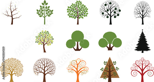 Set of stylized tree illustrations showing seasonal variations botanical forms and decorative designs including pine palm fruit and abstract trees