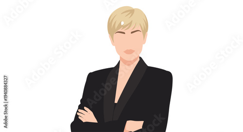 A minimalist illustration of a woman with short blonde hair and fair skin, wearing a black blazer and crossing her arms, against a plain white background.