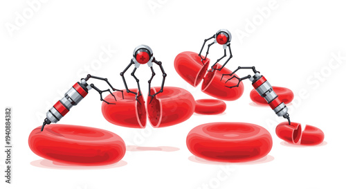 Multiple metallic nanobots with red eyes are shown interacting with and surgically opening several red blood cells on a white surface.