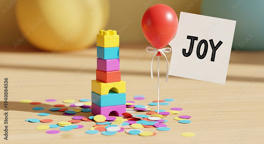Fototapeta premium Colorful blocks stacked with joy sign and red balloon on confetti background