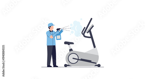 A person in a blue uniform, cap, and gloves is standing and spraying disinfectant from a blue bottle onto a gray exercise bike.