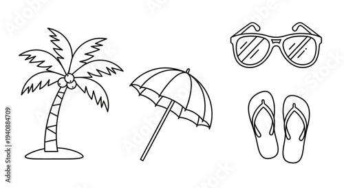 Simple line art illustrations of beach vacation elements.