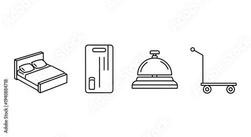 Hotel amenities icons including bed, minibar, room service and luggage cart.