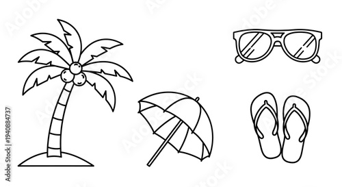 Beach vacation elements illustration set.