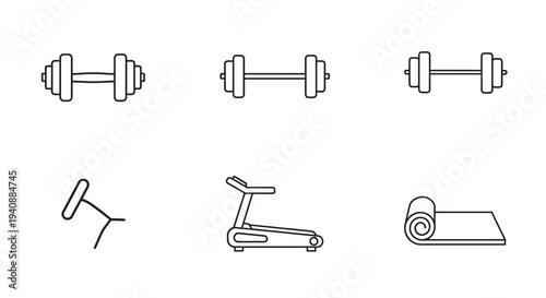 Simple line icons for fitness and exercise equipment.