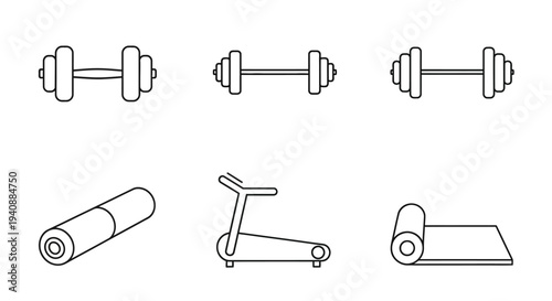 Simple line icons representing fitness equipment and exercise accessories.