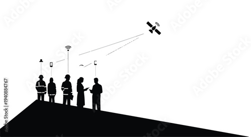 people watching drone fly on hill silhouette