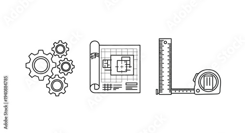 Engineering and construction icons set with gears, blueprint, and measuring tools.