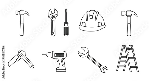 Collection of simple line icons representing various construction tools and equipment.