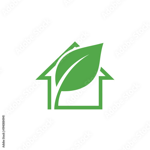 Eco-friendly house symbol with a green leaf, representing sustainable living and nature