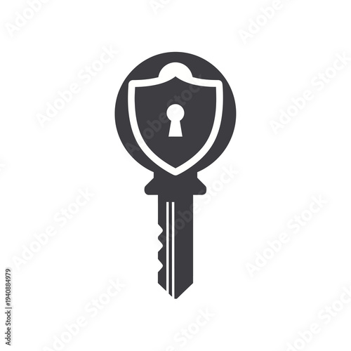 Minimalist black and white vector illustration of a key featuring a prominent shield design and a keyhole, symbolizing robust digital security, data protection, and secure access solutions