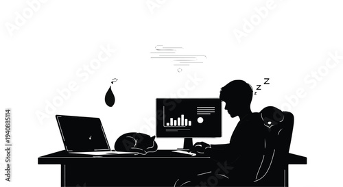 Silhouette of stressed businessperson working late with laptop and desktop