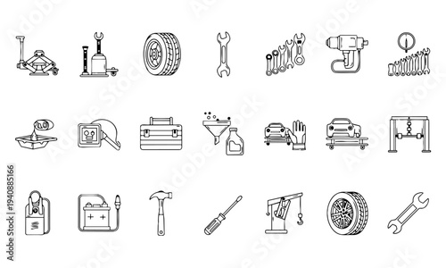 Automotive Car Repair Garage Tools Outline Icons