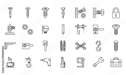 Hardware Fasteners Screws and Tools Outline Icons