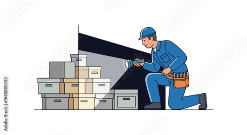 A male worker wearing a blue uniform and hard hat kneels, shining a flashlight on stacked cardboard boxes in a dark storage room.
