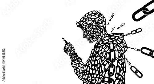man chained to phone addiction concept