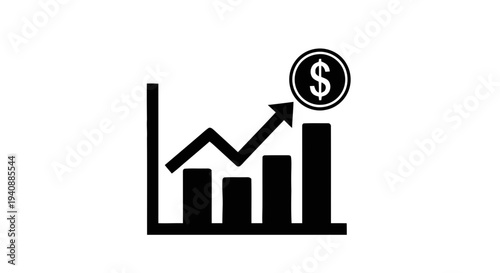 Vector illustration of bar chart with upward arrow and dollar sign icon for financial growth on a transparent background